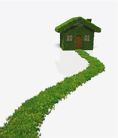 simsearch:400-06928460,k - a grassy path reaches a small house that has the whole walls and roof covered by lawn except the door, windows and chimney. On a white background Stock Photo - Budget Royalty-Free & Subscription, Code: 400-06927402