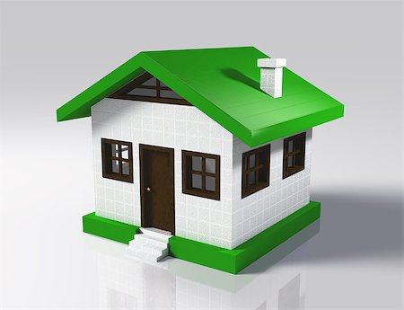 a 3D rendering of a small model of house with base and roof that are green, walls and chimney that are white, wooden frames, on a white background Fotografie stock - Microstock e Abbonamento, Codice: 400-06928466