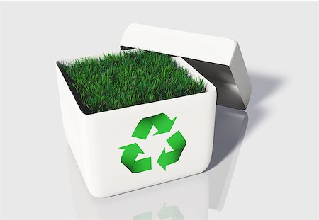 simsearch:400-06928460,k - a small quantity of green grass is contained into a white uncovered box with a recycling symbol printed on its front side, on a white background. Stock Photo - Budget Royalty-Free & Subscription, Code: 400-06928461