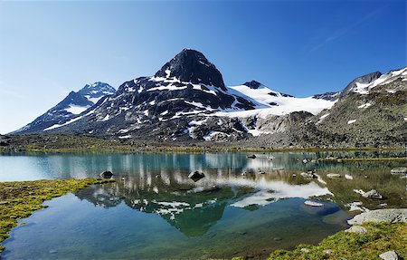 Small lake in Jotunheimen national park in Norway. The mountain is reflected in the water. Photomerge of four shots. Stock Photo - Budget Royalty-Free & Subscription, Code: 400-06928862