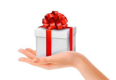 Gift box in hand with red bow and ribbons. Vector. Stock Photo - Budget Royalty-Free & Subscription, Code: 400-06928921