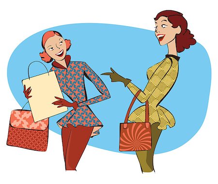 Vector illustration of retro style ladies with shopping bags Stock Photo - Budget Royalty-Free & Subscription, Code: 400-06929005