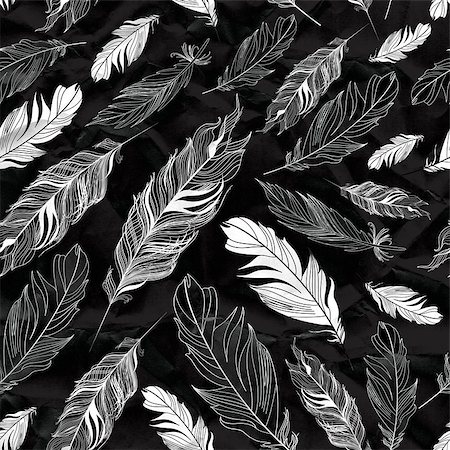 simsearch:400-07933418,k - Seamless graphic pattern of feathers on a black background Photographie de stock - Aubaine LD & Abonnement, Code: 400-06929074