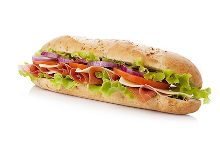 Long sandwich with ham, cheese, tomatoes, red onion and lettuce. Isolated on white Stock Photo - Budget Royalty-Free & Subscription, Code: 400-06920048