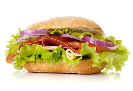 Small sandwich with ham, cheese, tomatoes, red onion and lettuce. Isolated on white Stock Photo - Budget Royalty-Free & Subscription, Code: 400-06920055
