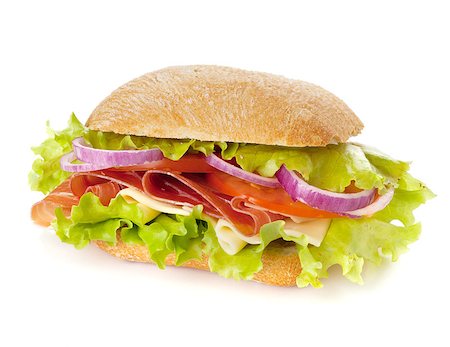 Small sandwich with ham, cheese, tomatoes, red onion and lettuce. Isolated on white. Another angle available Stock Photo - Budget Royalty-Free & Subscription, Code: 400-06920056