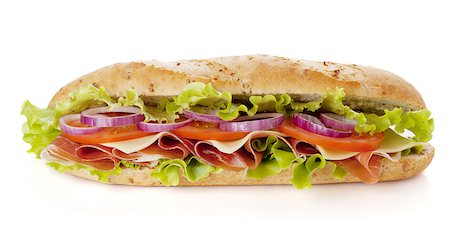 Long sandwich with ham, cheese, tomatoes, red onion and lettuce. Isolated on white. Another angle available Stockbilder - Microstock & Abonnement, Bildnummer: 400-06920050
