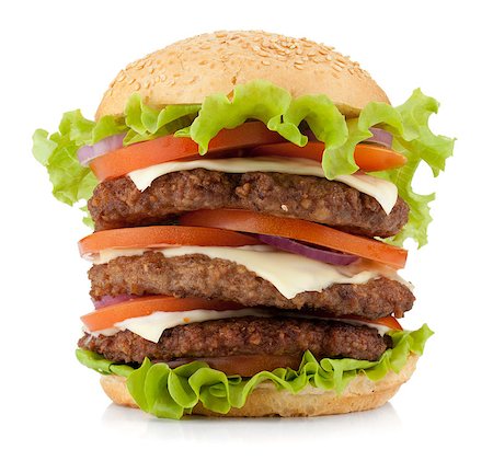 simsearch:400-07167126,k - Large burger with beef, cheese, onion and tomatoes. Isolated on white background Stockbilder - Microstock & Abonnement, Bildnummer: 400-06920085