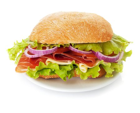 sous-marin (vaisseau) - Small sandwich on plate with ham, cheese, tomatoes, red onion and lettuce. Isolated on white. Without plate available too Photographie de stock - Aubaine LD & Abonnement, Code: 400-06920166