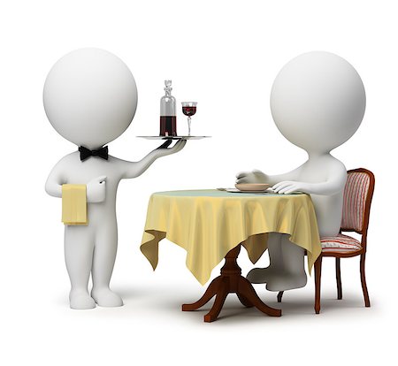 simsearch:400-08259053,k - 3d small people - client sitting at a table and the waiter with a tray. 3d image. Isolated white background. Stock Photo - Budget Royalty-Free & Subscription, Code: 400-06920375