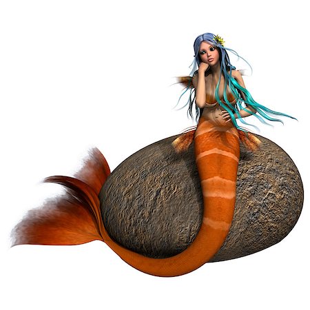 3D digital render of a beautiful sad mermaid sitting on a stone isolated on white background Stock Photo - Budget Royalty-Free & Subscription, Code: 400-06920406
