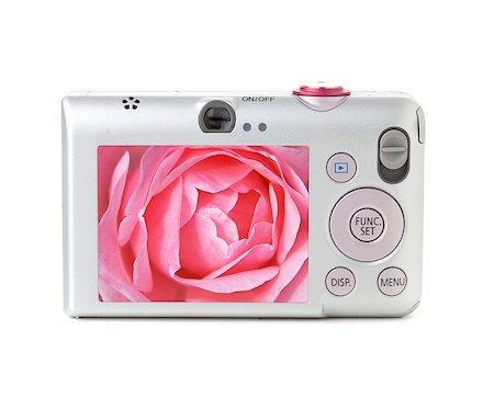 simsearch:400-04564986,k - Compact digital camera with flower on display. Isolated on white background Photographie de stock - Aubaine LD & Abonnement, Code: 400-06921207