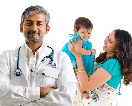 parents with sick baby - Smiling Indian medical doctor and patient family. Health care concept. Isolated on white background. Stock Photo - Budget Royalty-Free & Subscription, Code: 400-06922023