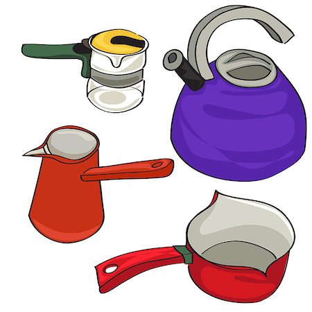 Hand drawn illustration of a collection of kitchen kettles, group of colored objects isolated on white Photographie de stock - Aubaine LD & Abonnement, Code: 400-06922174