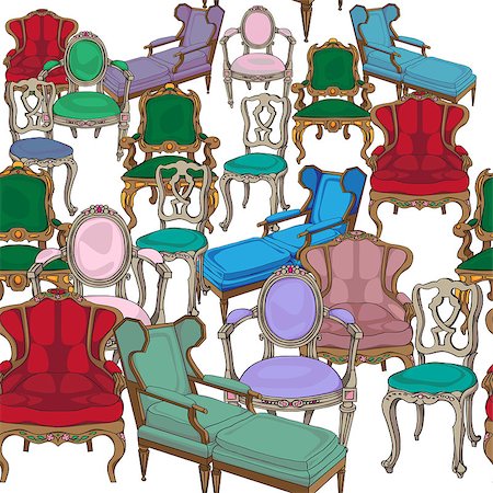 simsearch:400-04636453,k - Antique chairs seamless pattern, hand drawn colored doodles over white background Stockbilder - Microstock & Abonnement, Bildnummer: 400-06922170