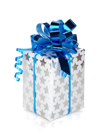 Silver gift box with blue ribbon. Isolated on white background Stock Photo - Budget Royalty-Free & Subscription, Code: 400-06923264