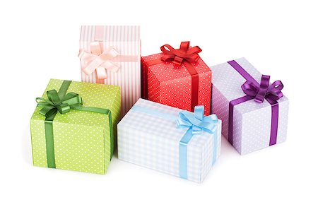simsearch:400-06360703,k - Colorful gift boxes with ribbon and bow. Isolated on white background Stockbilder - Microstock & Abonnement, Bildnummer: 400-06923294