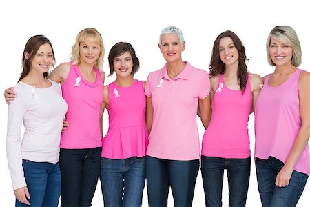 simsearch:400-06932882,k - Happy women wearing pink for breast cancer awareness on white background Stock Photo - Budget Royalty-Free & Subscription, Code: 400-06932869