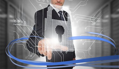 simsearch:400-06886789,k - Businessman touching lock on futuristic interface with swirling lines in data center Stock Photo - Budget Royalty-Free & Subscription, Code: 400-06933853