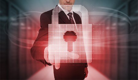 simsearch:400-06933908,k - Businessman touching futuristic red lock touchscreen in data center Stock Photo - Budget Royalty-Free & Subscription, Code: 400-06933877