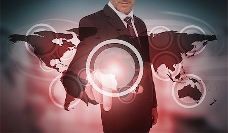 simsearch:400-06933908,k - Businessman selecting futuristic circle interface on world map background Stock Photo - Budget Royalty-Free & Subscription, Code: 400-06933892