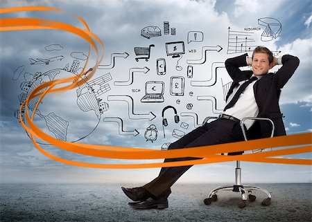 Businessman sitting in front of media device flowchart with orange swirl in cloudy landscape Stock Photo - Budget Royalty-Free & Subscription, Code: 400-06933924