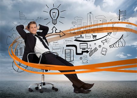 Businessman sitting in front of detailed brainstorm with orange swirl in desert landscape Stock Photo - Budget Royalty-Free & Subscription, Code: 400-06933925