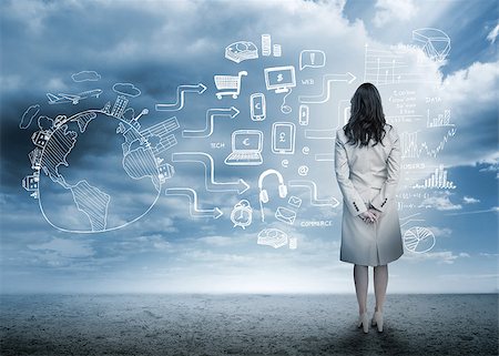Businesswoman looking out at brainstorm drawings in cloudy landscape Stock Photo - Budget Royalty-Free & Subscription, Code: 400-06933922