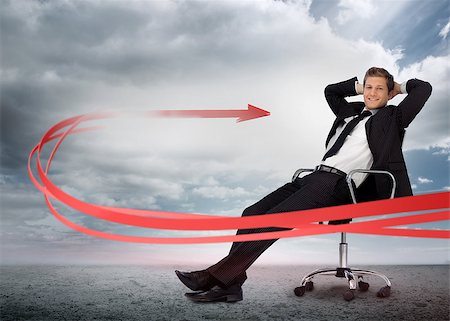 Businessman sitting with red arrow going past him smiling at camera in swivel chair Stock Photo - Budget Royalty-Free & Subscription, Code: 400-06933952