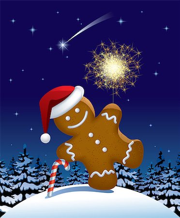 sparklers vector - Isolated raster version of vector illustration of gingerbread man wih a sparkler in winter fir forest in the night Stock Photo - Budget Royalty-Free & Subscription, Code: 400-06944307