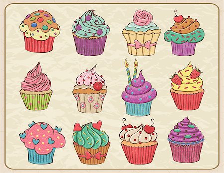 Hand drawn sketchy set of cupcakes on a wrinkled paper. Fotografie stock - Microstock e Abbonamento, Codice: 400-06944423