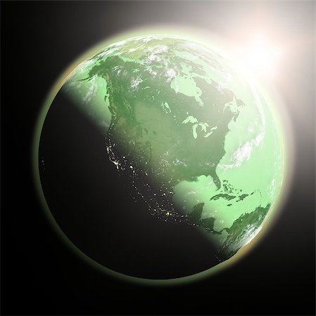 simsearch:400-08427636,k - Space view of the sun rising over North America on green planet Earth. Elements of this image furnished by NASA. Foto de stock - Super Valor sin royalties y Suscripción, Código: 400-06944459