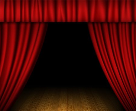 simsearch:400-08507512,k - Red open curtain on wooden stage Fotografie stock - Microstock e Abbonamento, Codice: 400-06944951