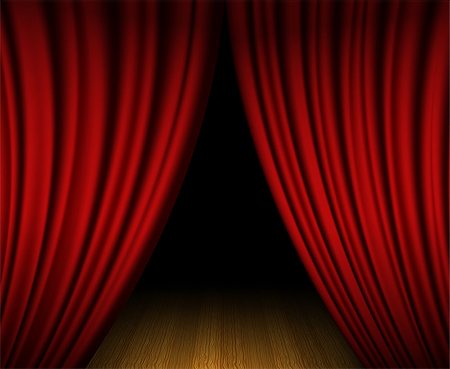 simsearch:400-08507512,k - Red open curtain on wooden stage Fotografie stock - Microstock e Abbonamento, Codice: 400-06944952