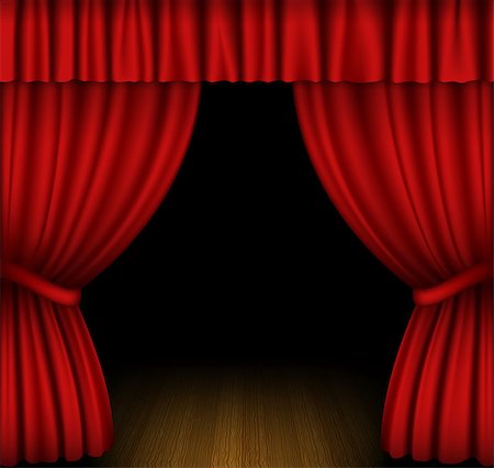 simsearch:400-08507512,k - Red open curtain on wooden stage Fotografie stock - Microstock e Abbonamento, Codice: 400-06944953