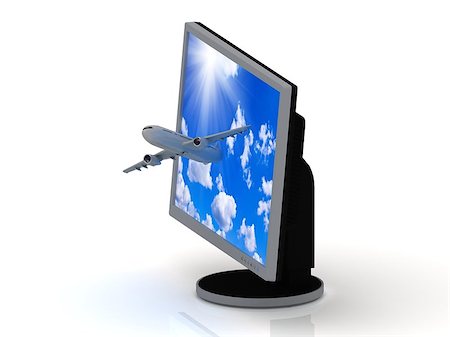 Passenger Airliner flying from on a computer monitor with the screen saver sky and clouds Stock Photo - Budget Royalty-Free & Subscription, Code: 400-06946441