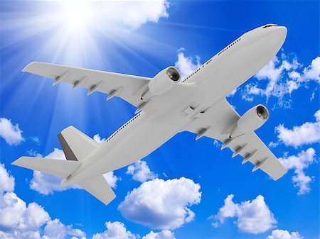 simsearch:400-04820617,k - White passenger airliner rises into the sky with sun and white clouds Foto de stock - Super Valor sin royalties y Suscripción, Código: 400-06946455