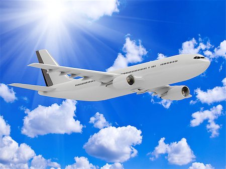 White passenger airliner flies under the bright sun in the blue sky above the clouds Stock Photo - Budget Royalty-Free & Subscription, Code: 400-06946456