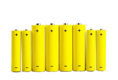 simsearch:400-06109171,k - A row of yellow batteries isolated over white background Stock Photo - Budget Royalty-Free & Subscription, Code: 400-06946813
