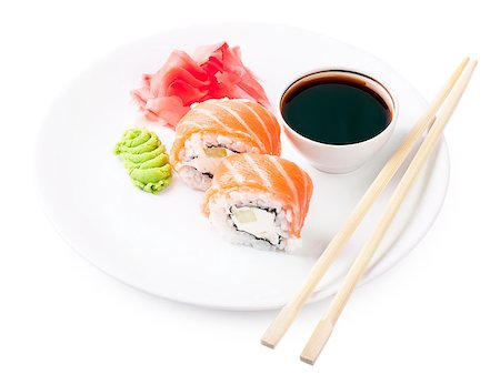 simsearch:628-01495097,k - Sushi, soy and ginger with chopsticks on a white plate Stockbilder - Microstock & Abonnement, Bildnummer: 400-06946848