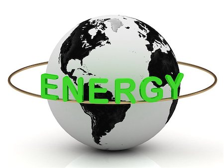 Green energy on a gold ring rotates around the earth on a white background. Image from the same footage Stock Photo - Budget Royalty-Free & Subscription, Code: 400-06946950