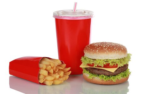 simsearch:851-02963750,k - Cheeseburger meal with french fries and a cola drink, isolated on white Fotografie stock - Microstock e Abbonamento, Codice: 400-06947000