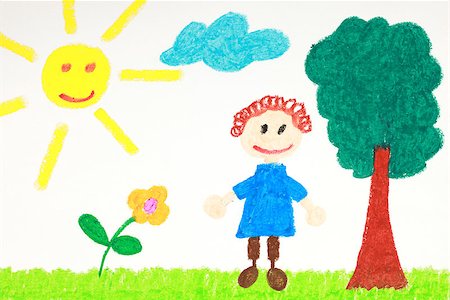 Kiddie style drawing of a flower, tree and child on a green meadow Stock Photo - Budget Royalty-Free & Subscription, Code: 400-06947012