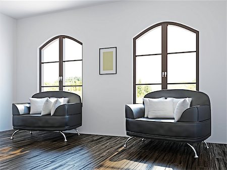 Livingroom with black chairs near the windows Stock Photo - Budget Royalty-Free & Subscription, Code: 400-06947172