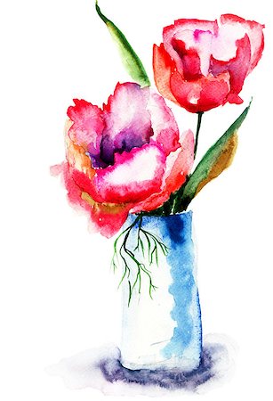 peonies vase - Bunch of red flowers, Watercolor painting Stock Photo - Budget Royalty-Free & Subscription, Code: 400-06947214