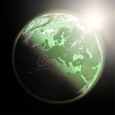 simsearch:400-08371074,k - Space view of the sun rising over Europe on green planet Earth. Elements of this image furnished by NASA. Fotografie stock - Microstock e Abbonamento, Codice: 400-06948110