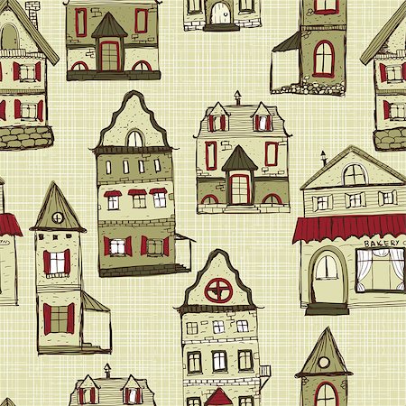 vector seamless pattern with old styled medieval retro houses, pattern in swatch menu Foto de stock - Super Valor sin royalties y Suscripción, Código: 400-06948166