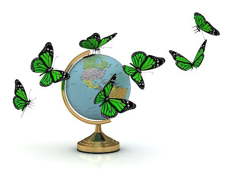 simsearch:400-04633938,k - Globe on a gold base and a lot of green butterflies Stock Photo - Budget Royalty-Free & Subscription, Code: 400-06949248