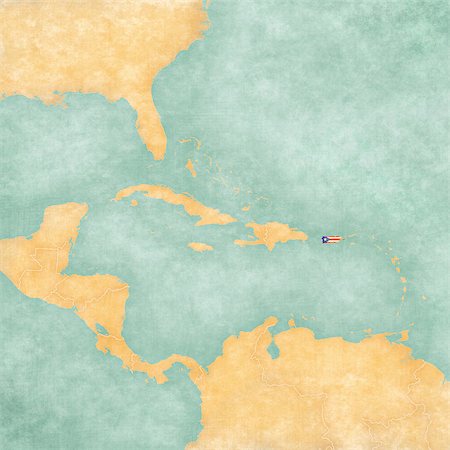 puerto rico flag not vector - Puerto Rico (Puerto Rican flag) on the map of Caribbean and Central America. The Map is in vintage summer style and sunny mood. The map has a soft grunge and vintage atmosphere, which acts as a watercolor painting. Stock Photo - Budget Royalty-Free & Subscription, Code: 400-06954113