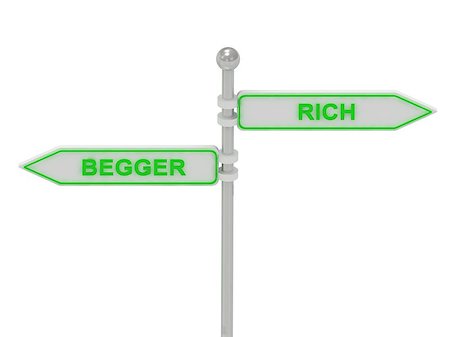 simsearch:400-04776651,k - Signs with green "BEGGER" and "RICH" pointing in opposite directions, Isolated on white background, 3d rendering Stock Photo - Budget Royalty-Free & Subscription, Code: 400-06954292